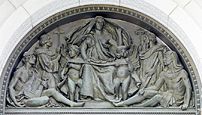 Exterior view. Bronze tympanum, by Olin L. Warner, representing Writing above main entrance doors. Library of Congress Thomas Jefferson Building, Washington, D.C. Cropped from the Library of Congress digital version using the GIMP.